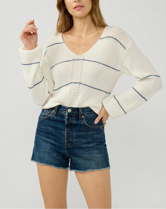 Lightweight Fuzzy Stripe V Neck Knit Sweater