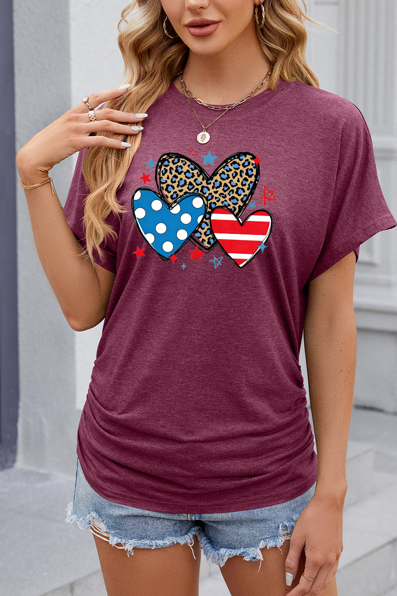 Leopard Heart USA Flag Graphic Casual Summer Tee