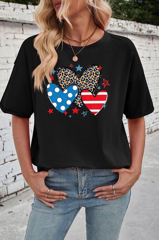Patriotic Cotton Graphic Tee Oversized Heart Star Top