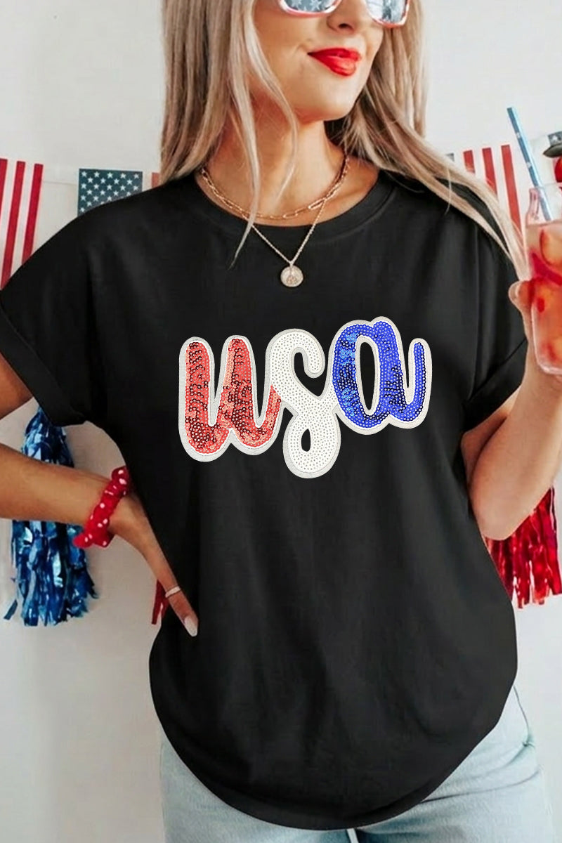 USA Sequin Patch Patriotic Graphic Fourth of July Tee