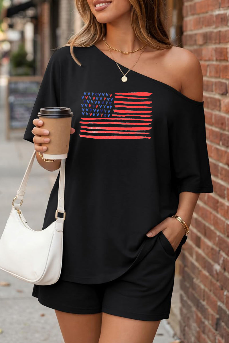 American Flag Off Shoulder Lounge Shorts Set Women
