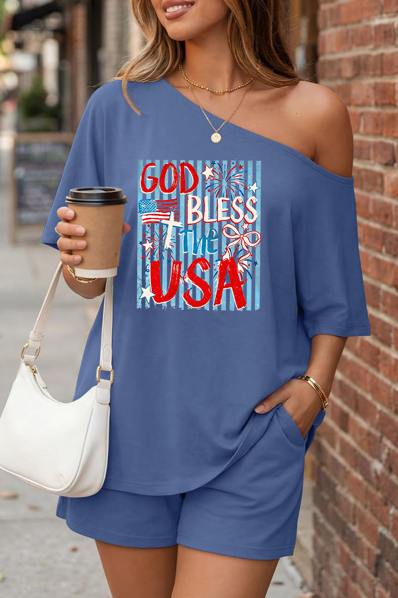 God Bless USA Off Shoulder Short Sleeve Summer Top Set