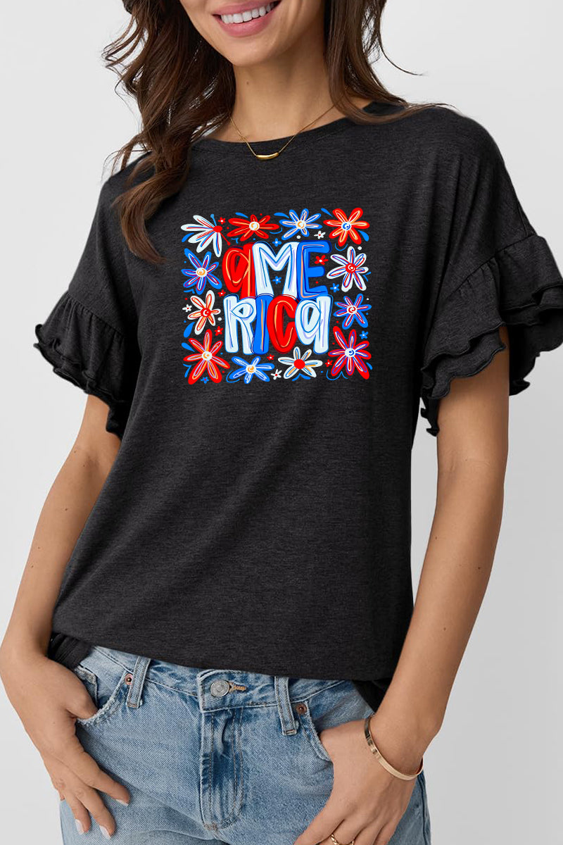 America Floral Graphic Tee Ruffle Sleeve Top