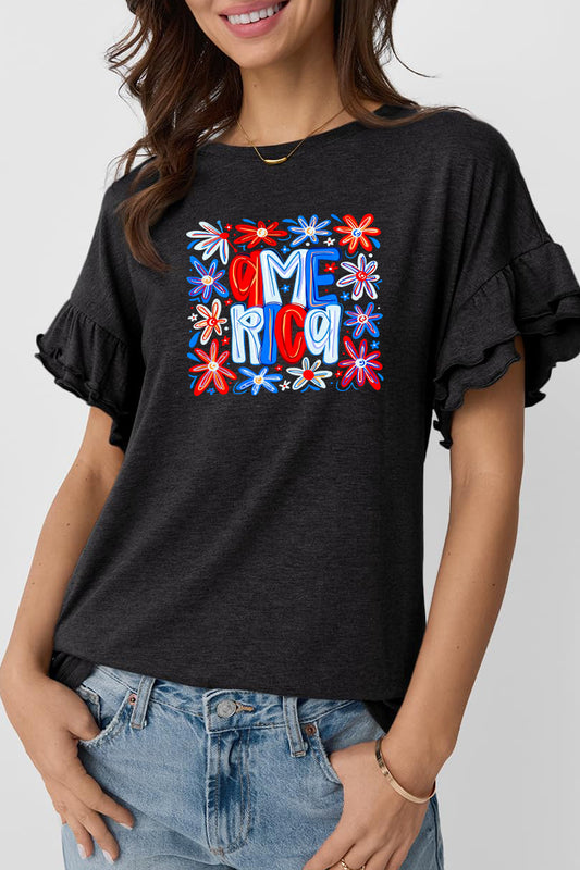 America Floral Graphic Tee Ruffle Sleeve Top