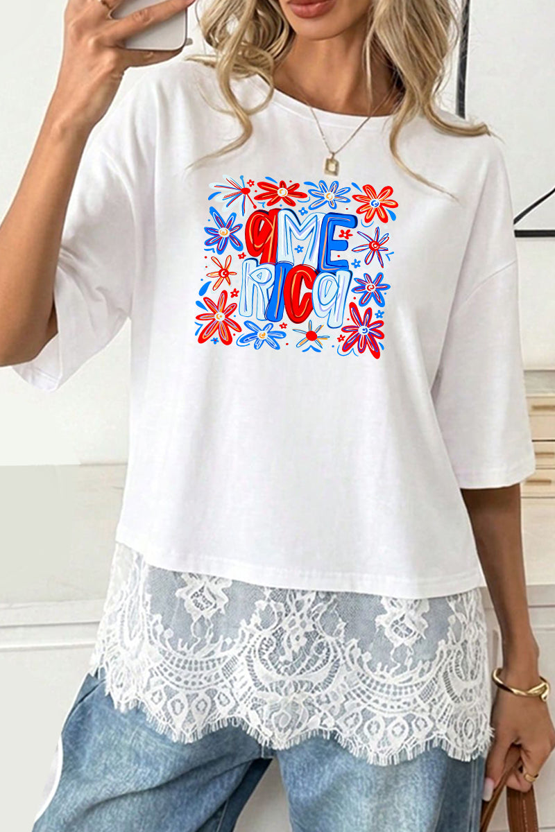 Patriotic Polyester Tee 4th July Flower Graphic Top