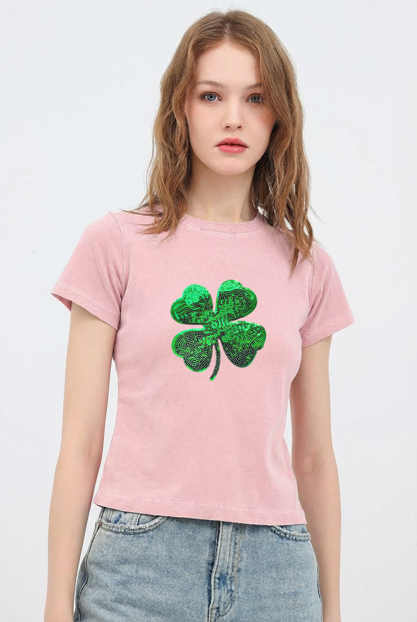 St Patricks Day Sequin Shamrock Crop T-Shirt