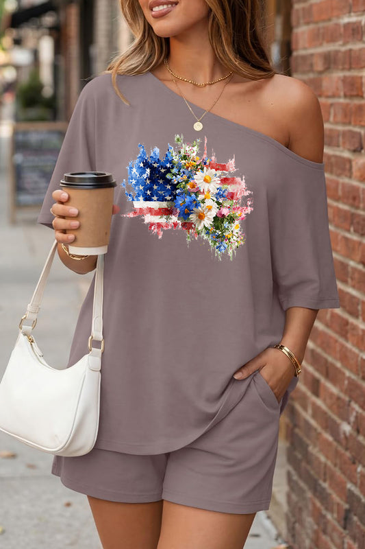Independence Day Floral USA Off Shoulder Summer Set