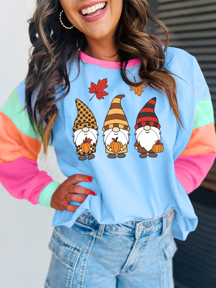 Autumn Thanksgiving Pumpkin Color Block Long Sleeve Tee