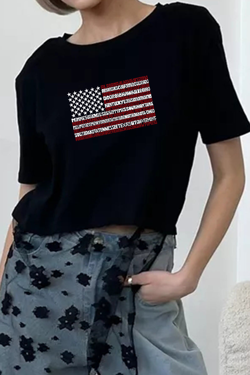 Patriotic Flag Graphic Tee Lace Patchwork Top