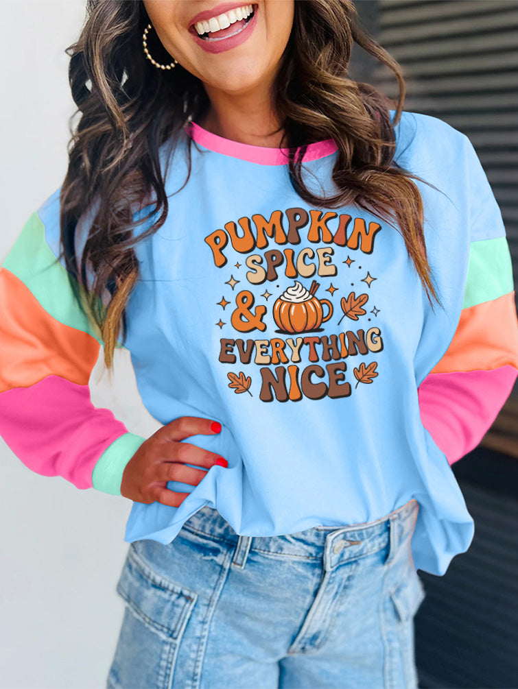 Thanksgiving Pumpkin Color Block Long Sleeve Tee