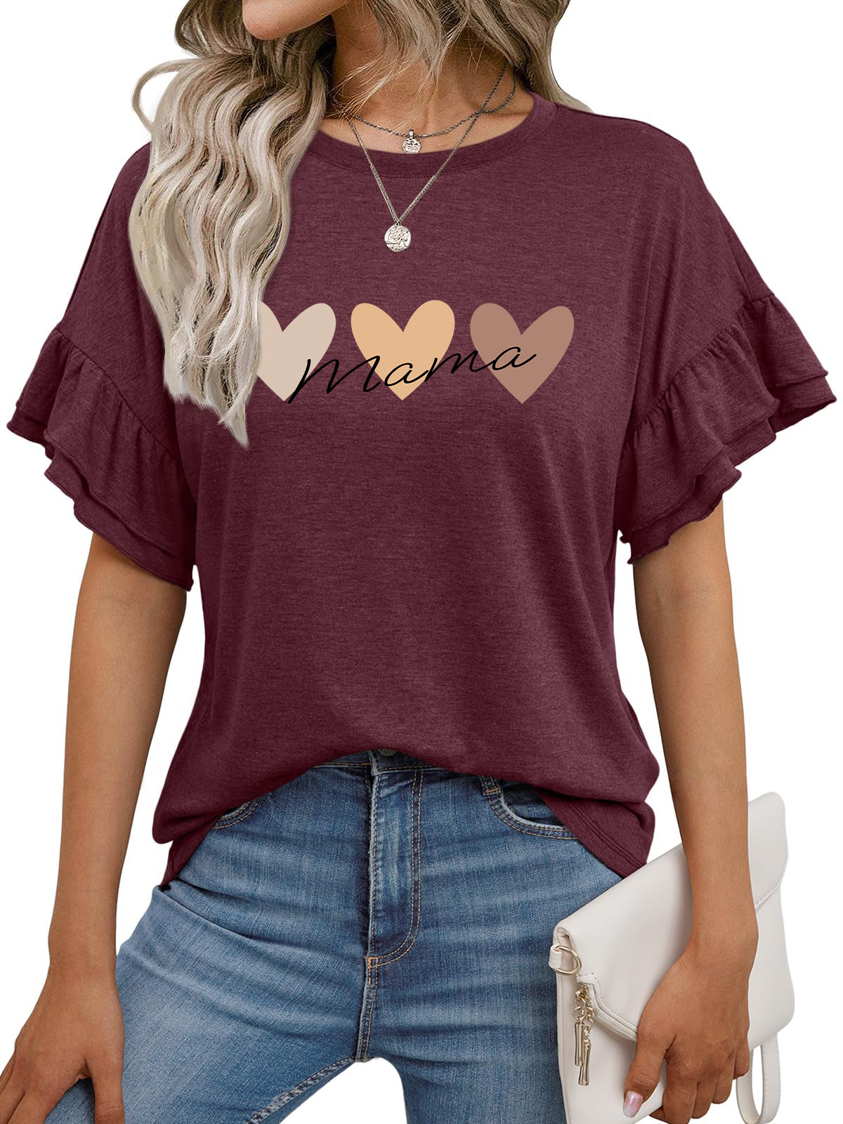 Mother’s Day Heart Graphic Ruffle Sleeve T Shirt