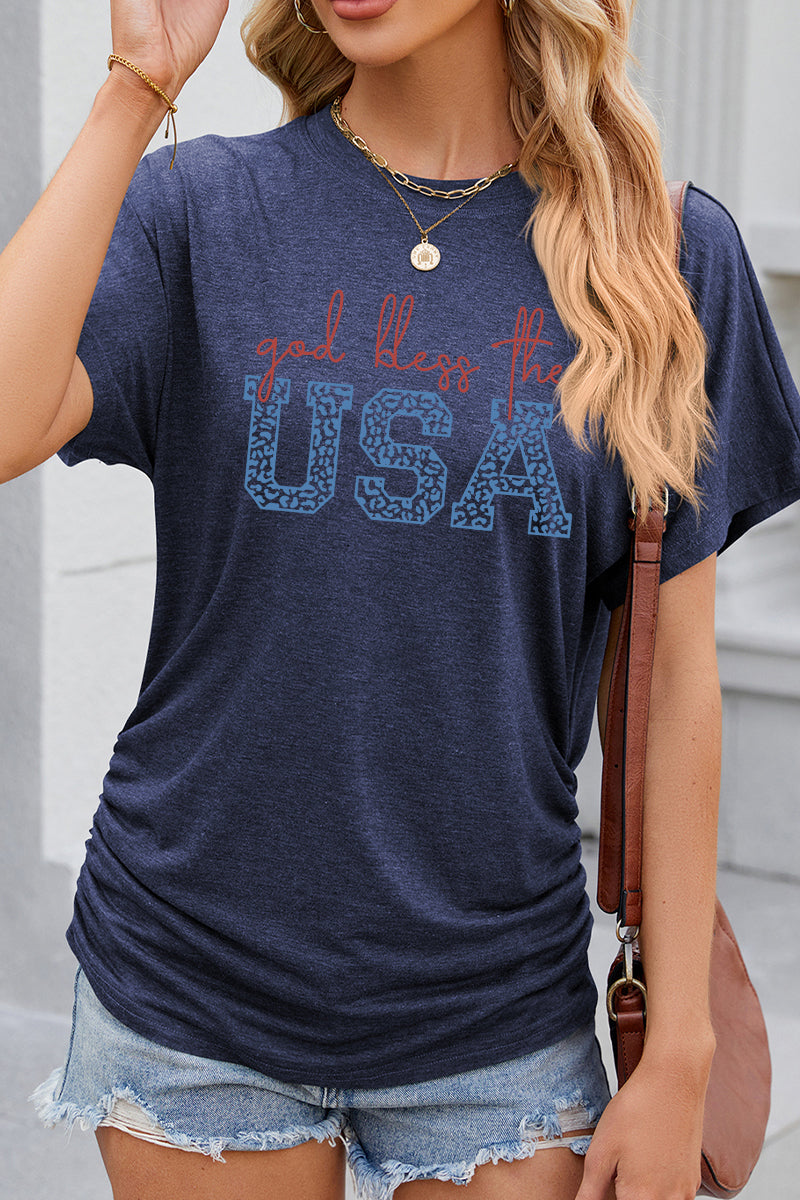Script USA Letter Graphic 4th of July Casual Patriotic Tee