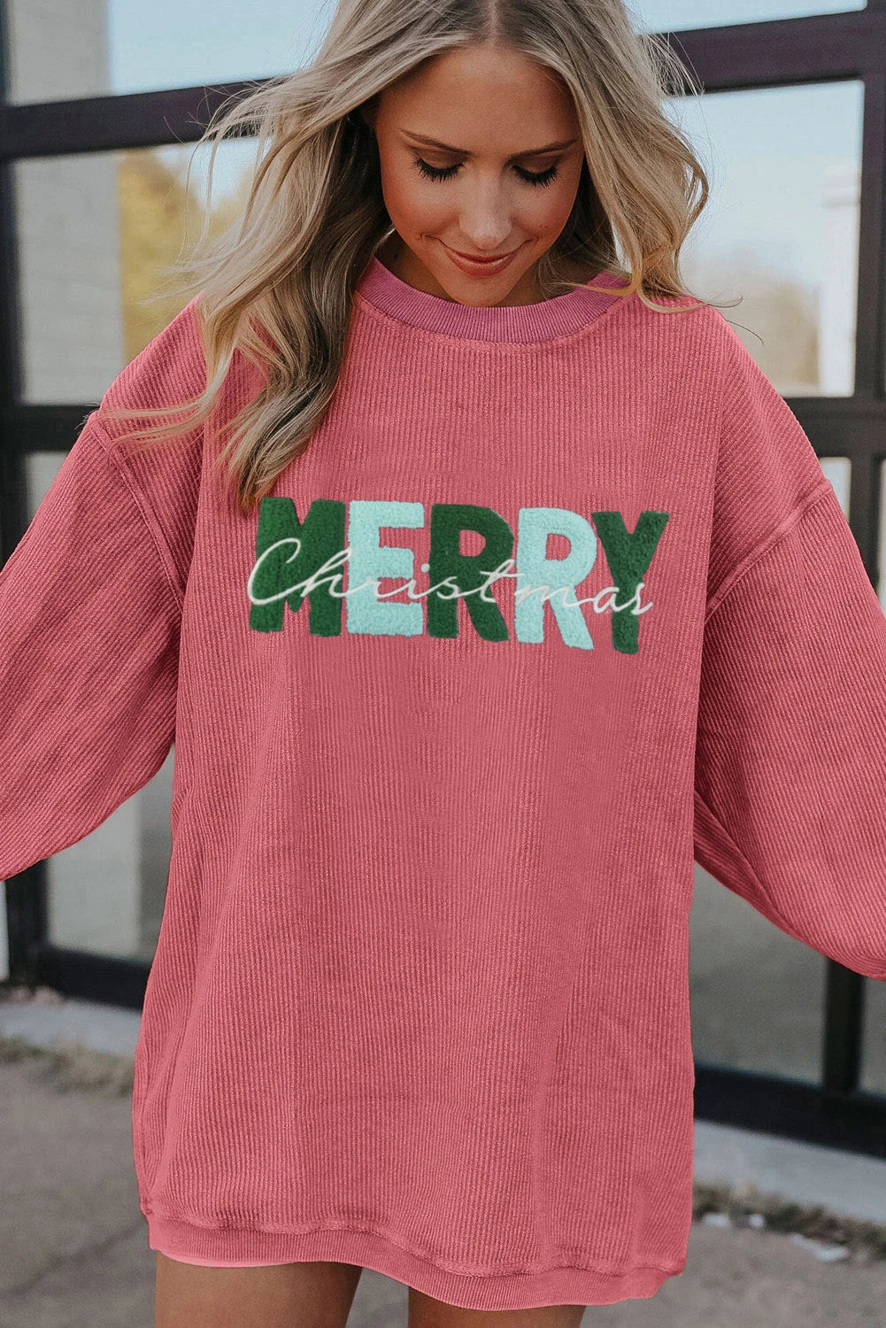Racing Red MERRY Christmas Chenille Embroidered Corded Sweatshirt