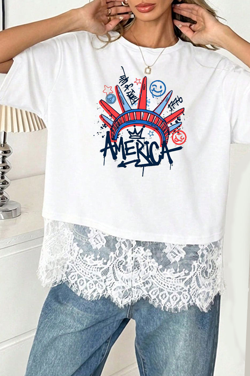 Patriotic Graphic USA Tee Lace-Hem Oversized Casual Top