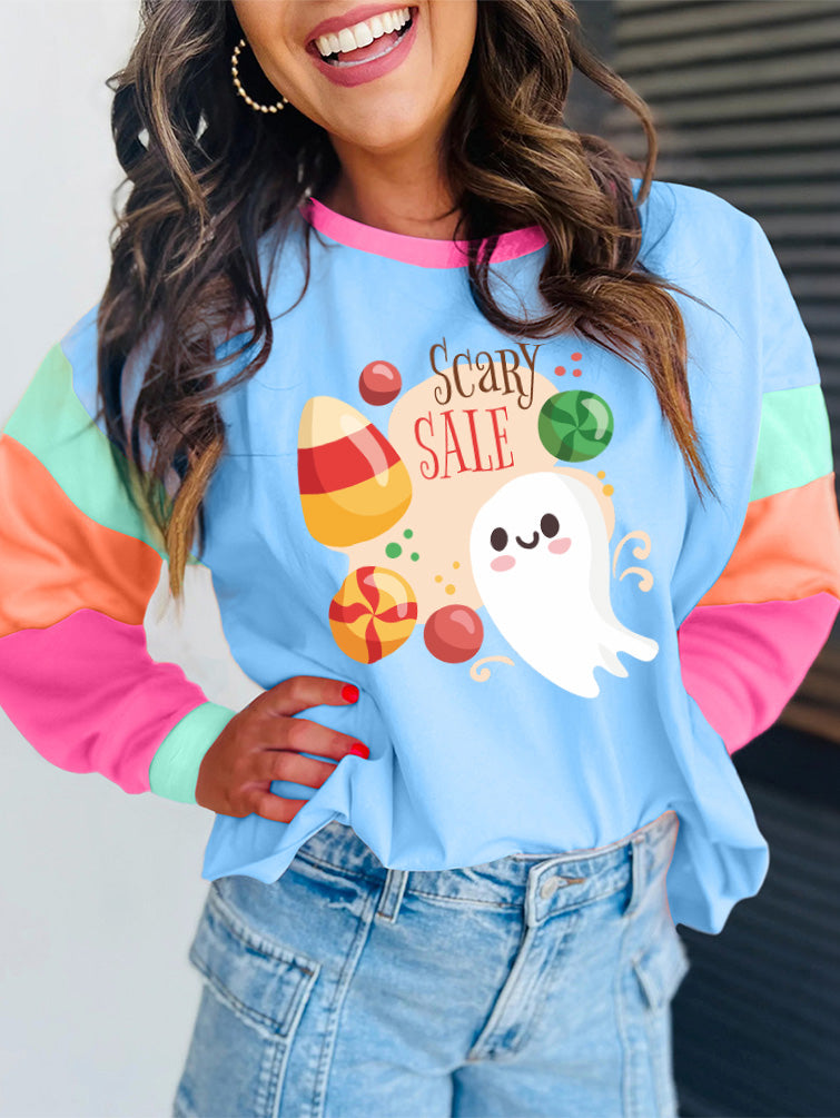 Color Block Ghost Candy Halloween Graphic Long Sleeve Tee