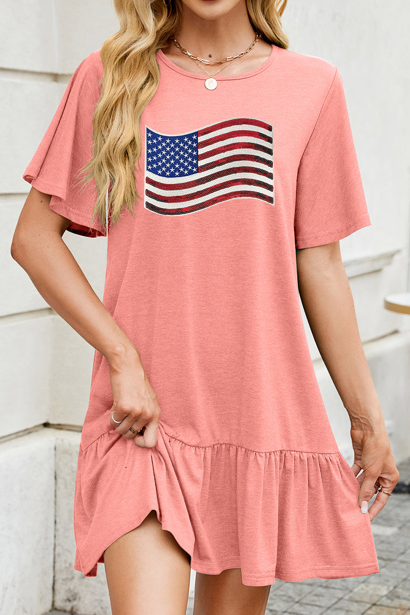 American Flag Graphic Ruffle Hem Mini Dress Fourth of July Casual Tee Dress