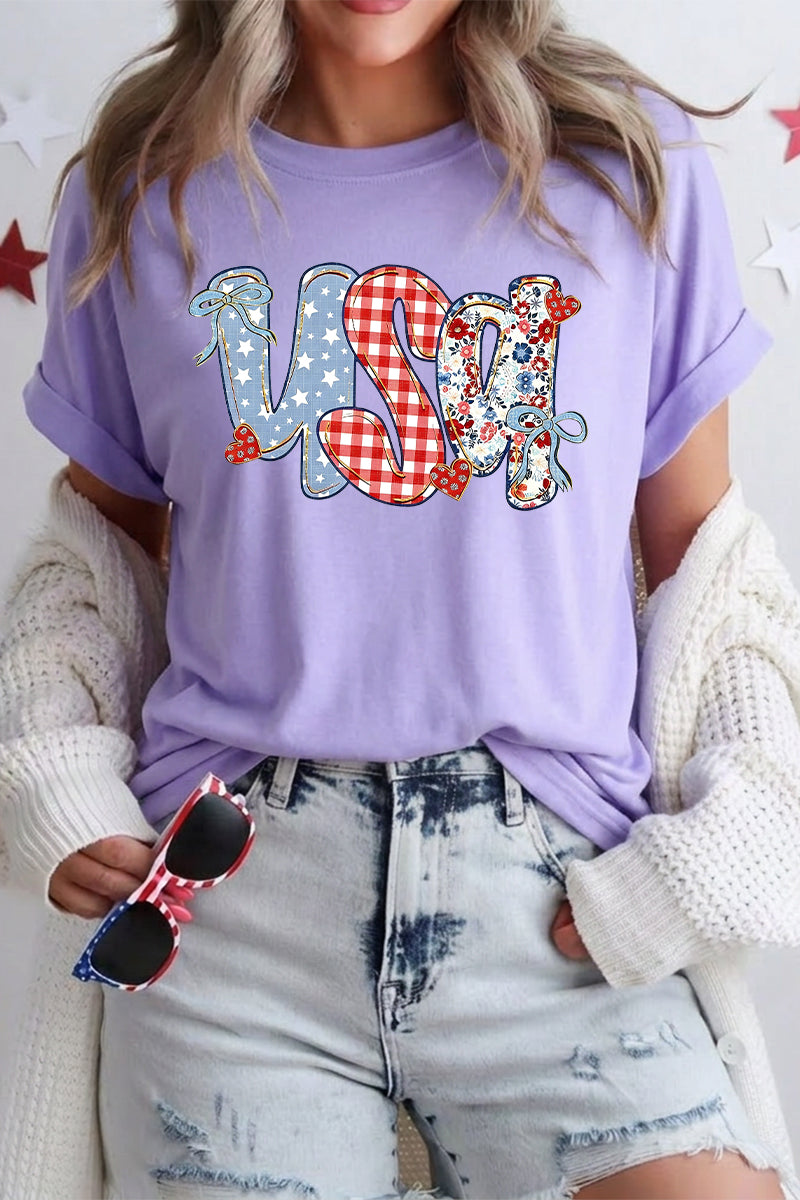 USA Patchwork Heart Graphic Tee Women Fourth of July Top