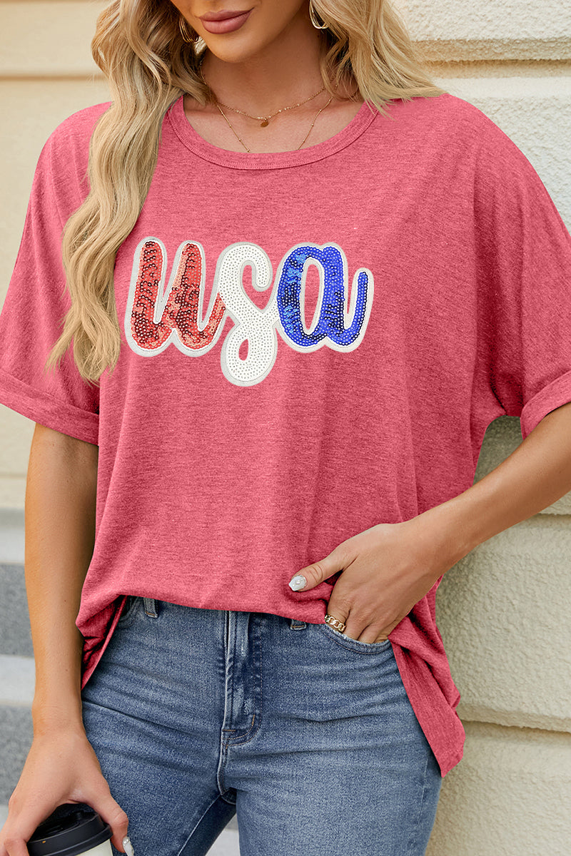 USA Sequin Graphic Tee Loose Fit Tunic Top