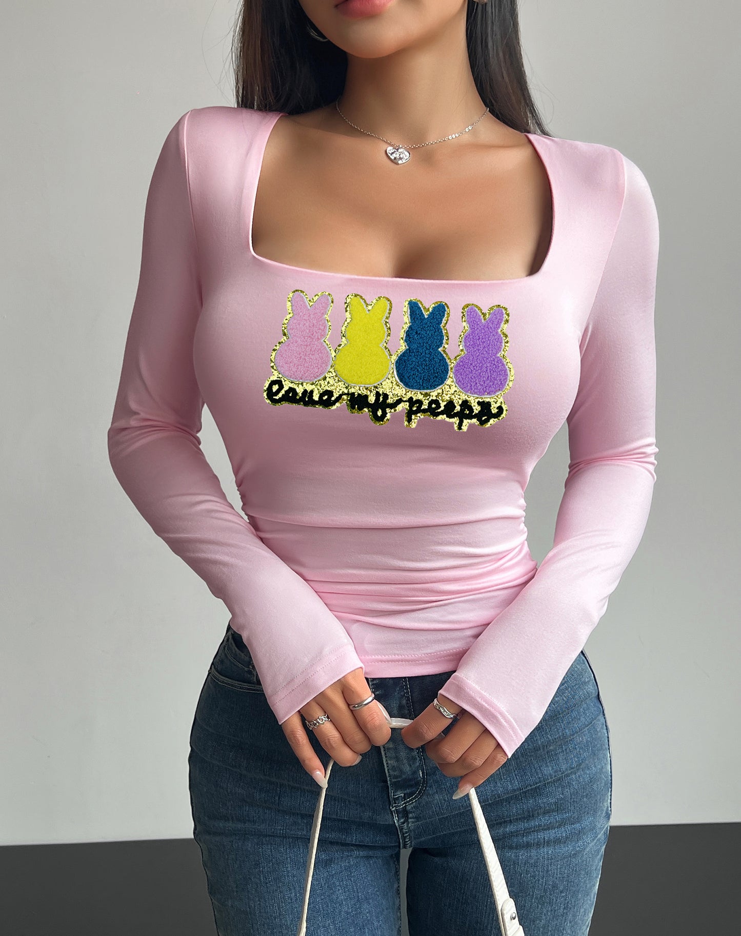Easter Bunny Graphic Square Neck Long Sleeve Fitted Top