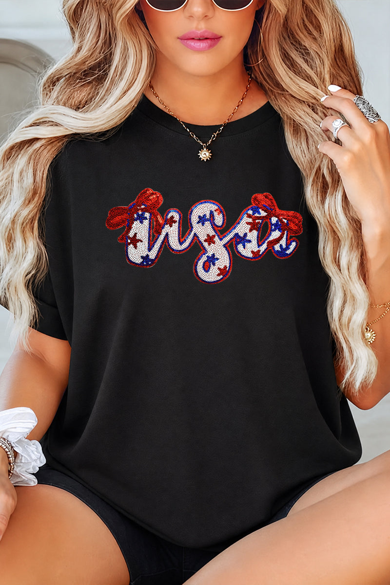USA Bow Script Independence Day Patriotic Graphic Tee