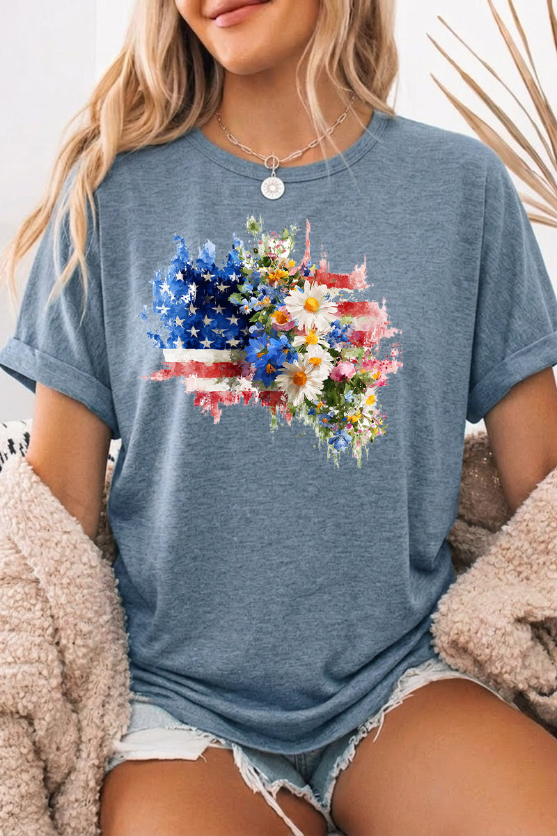 Patriotic Floral Graphic Tee Oversized USA Holiday Top