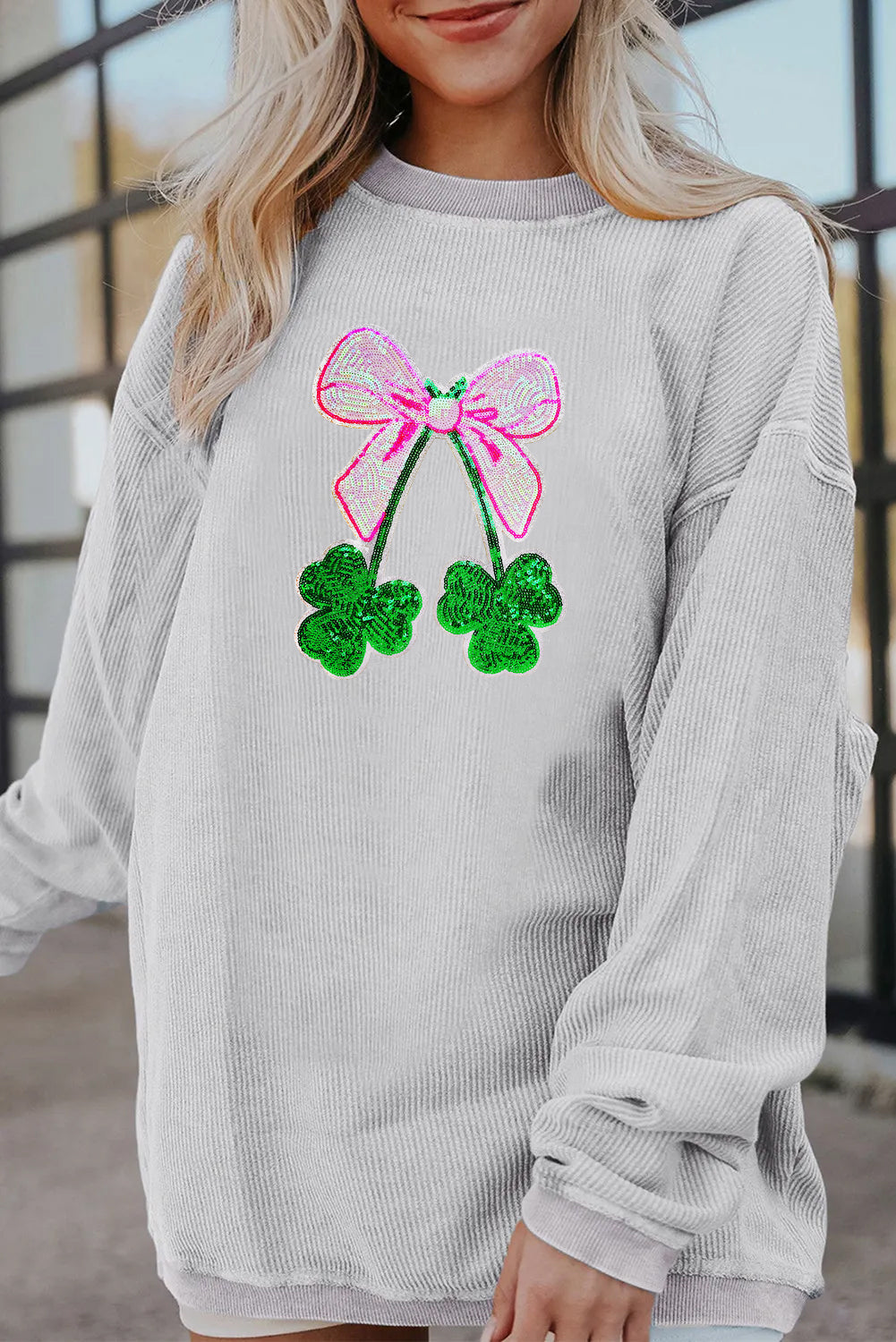 Saint Patrick’s Day Bow Clover Graphic Corded Sweatshirt