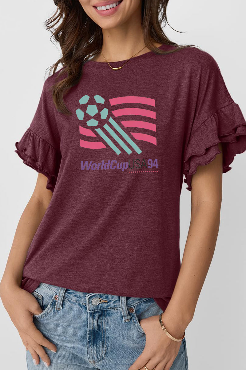 Graphic Ruffle Sleeve T Shirt USA94 Soccer Casual Tee