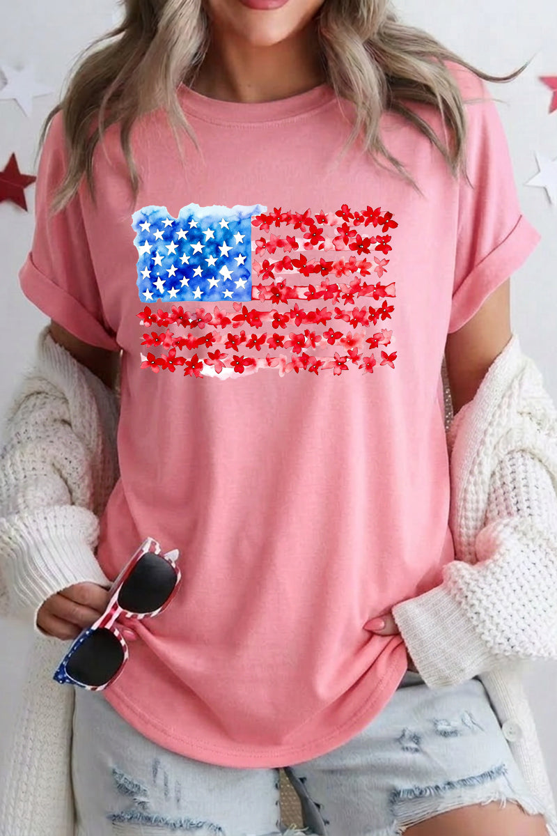 Women 4th of July American Flag Floral T Shirt