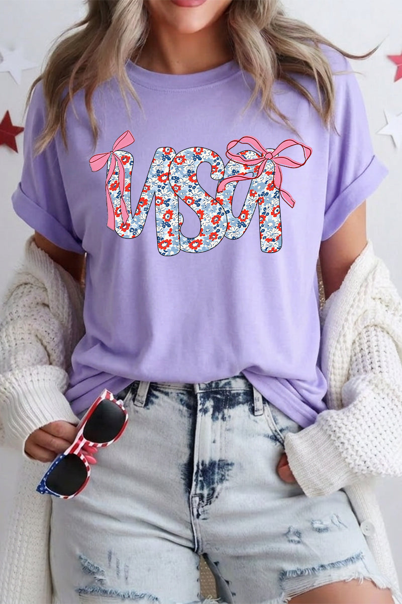 Women 4th of July USA Floral Bow Graphic T Shirt