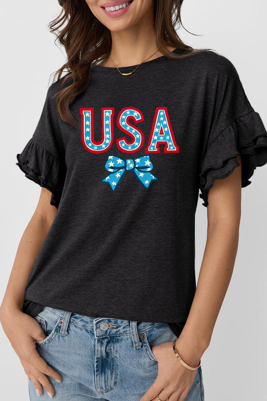 USA Bow Graphic Ruffle Sleeve Patriotic Holiday Tee