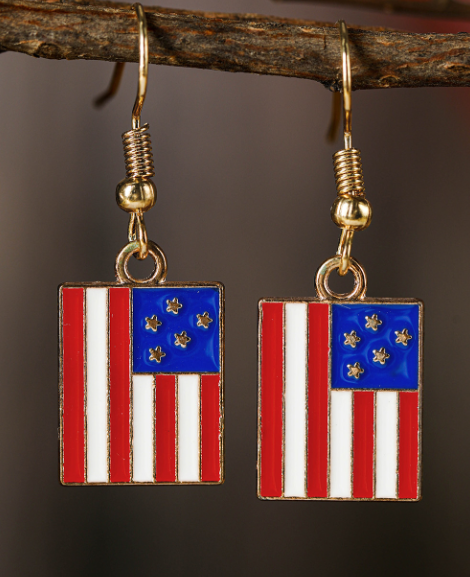 Dark Blue American Flag Print Patriotic Hook Earrings