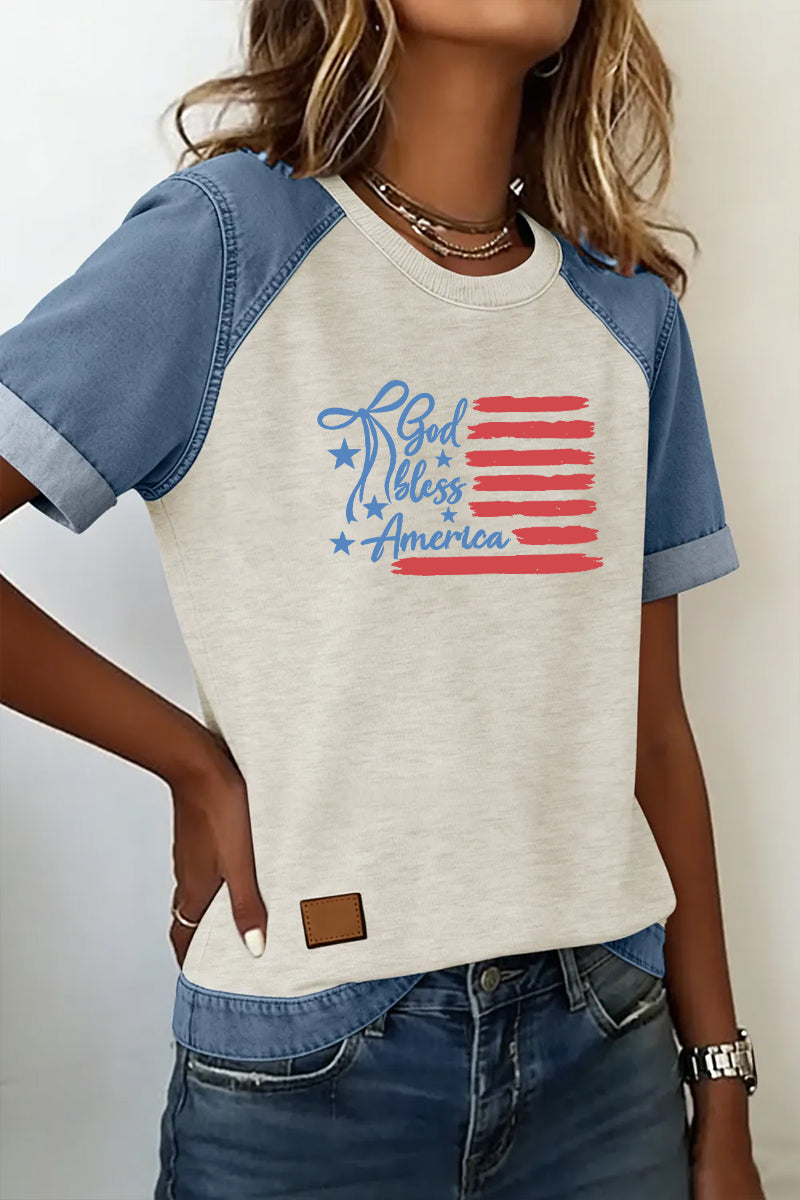 Letter Flag Denim Patchwork Tee Casual