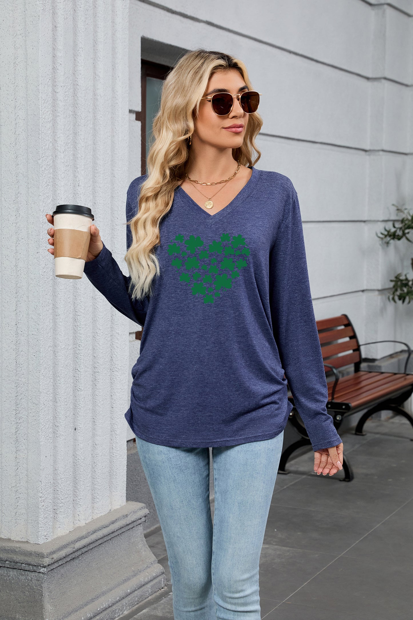 Saint Patrick’s Day Shamrock Heart Print V Neck Top