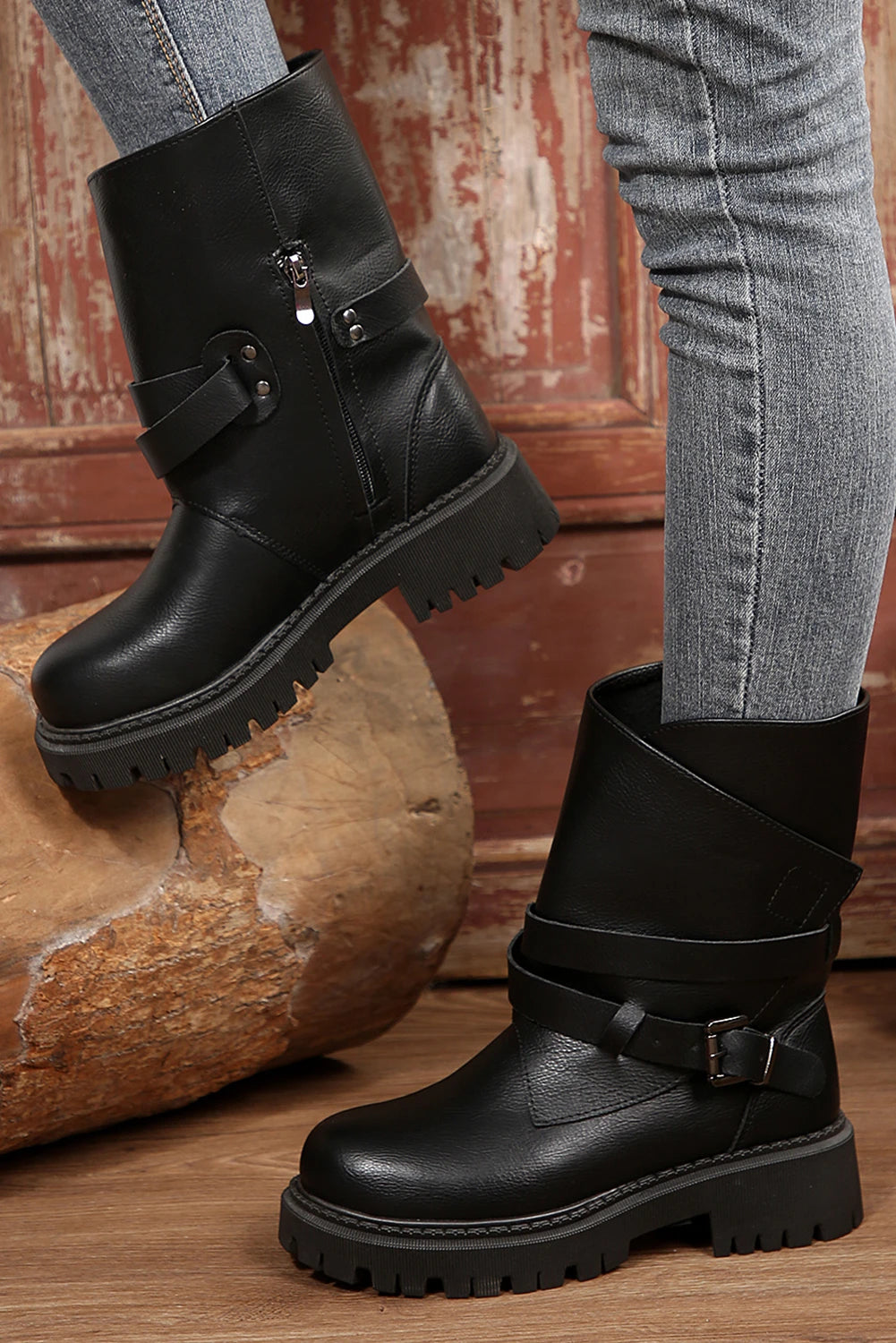 Black Faux Leather Overlap Buckle Strap Zip Detail Boots