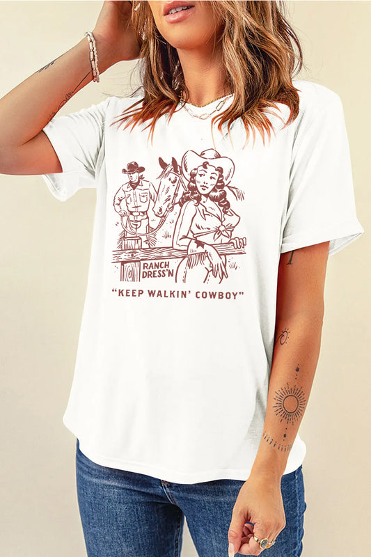Vintage Western Cowboy Couple Graphic Tee Retro Cowgirl Top