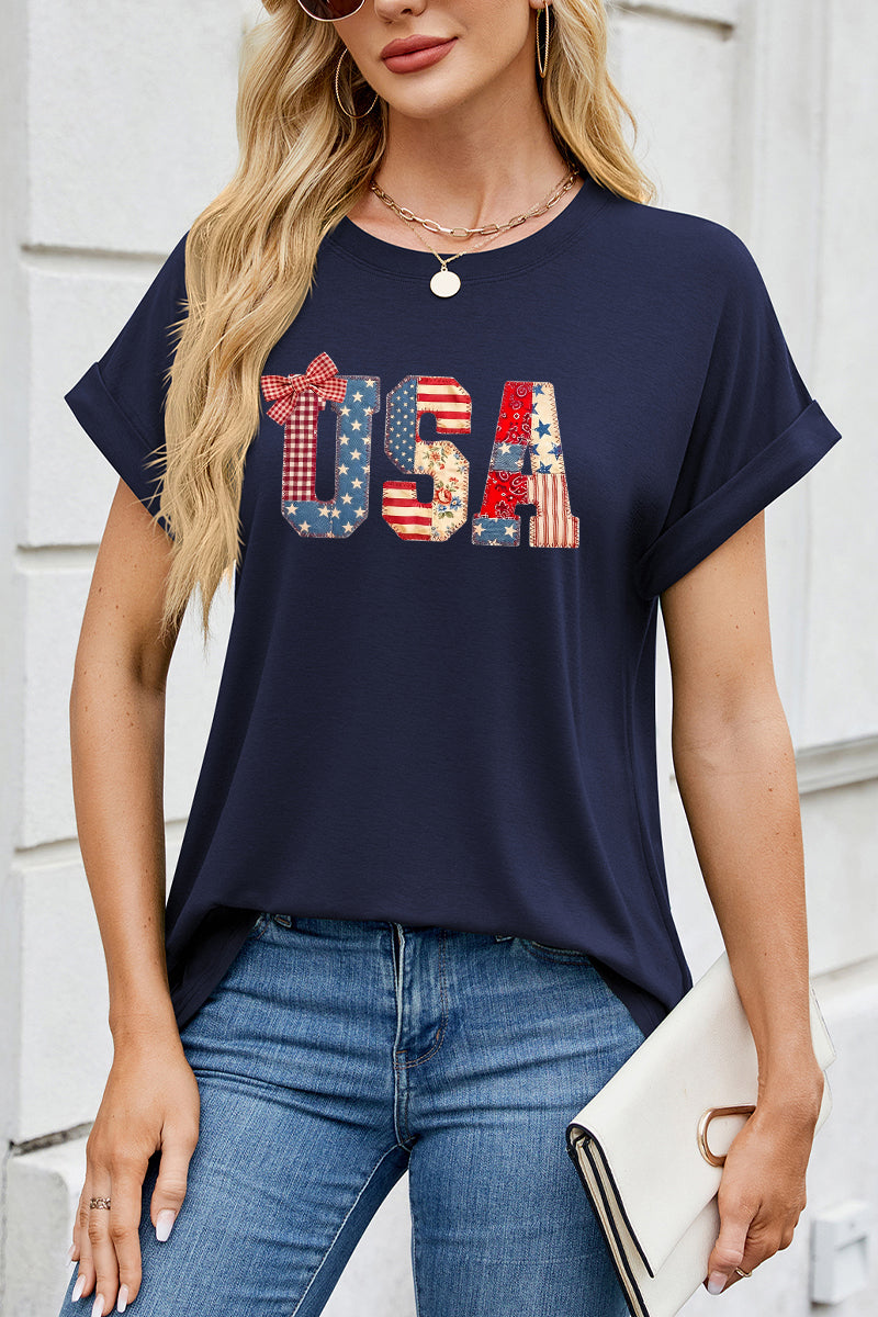 USA Patriotic Bow Graphic Tee Women 4th of July Shirt