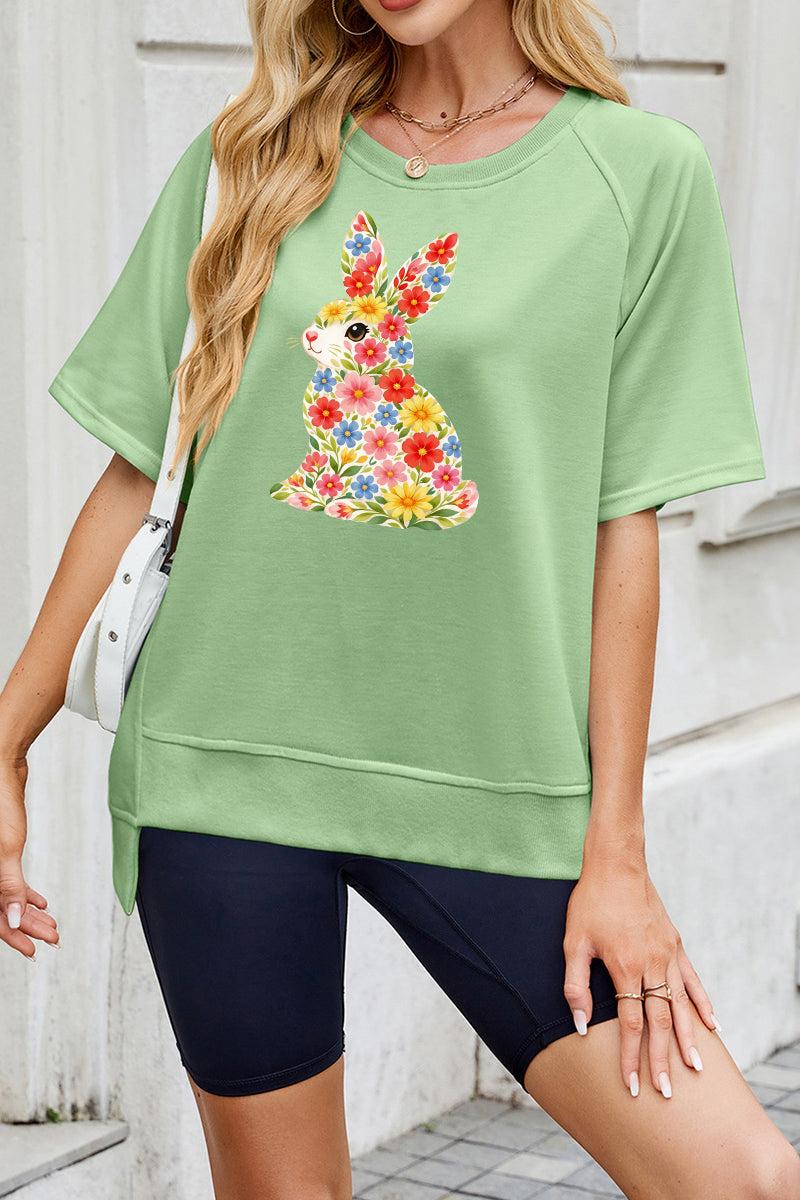 Floral Easter Bunny Graphic Tee Women Spring Casual Top