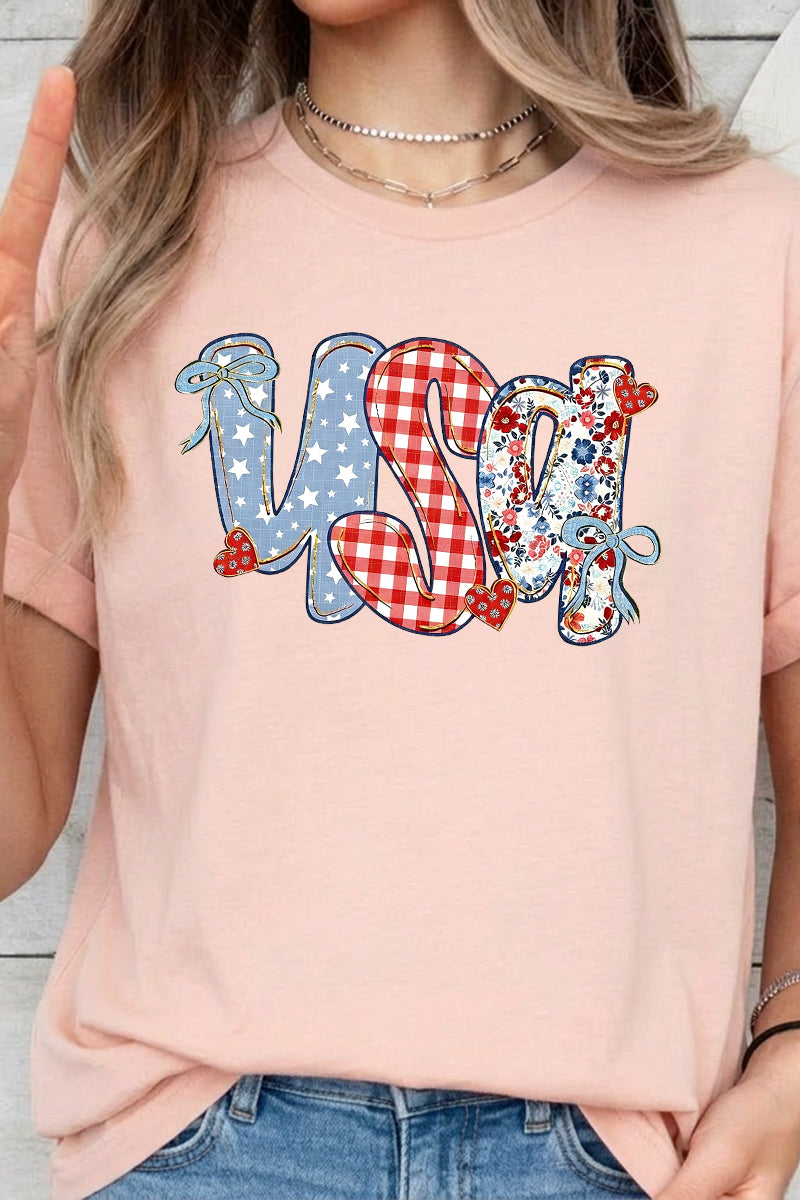USA Plaid Patchwork Graphic Tee Women Patriotic Top