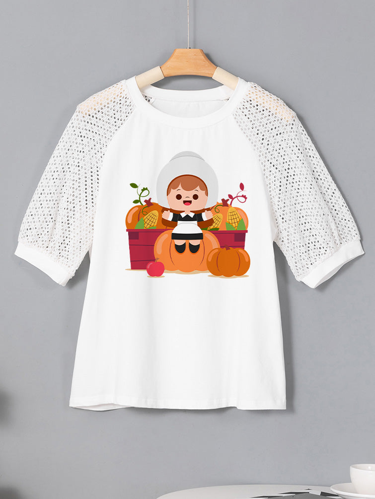 Thanksgiving Pilgrim Girl Pumpkin Harvest Graphic Tee