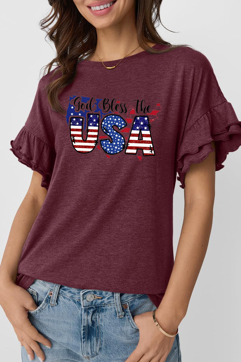 USA Flag Graphic Ruffle Sleeve Tee Patriotic Holiday Top