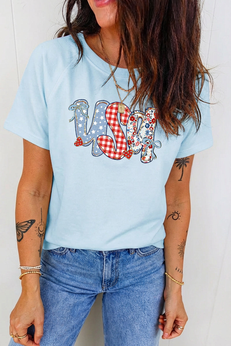 USA Floral Graphic Tee Patriotic Casual Summer