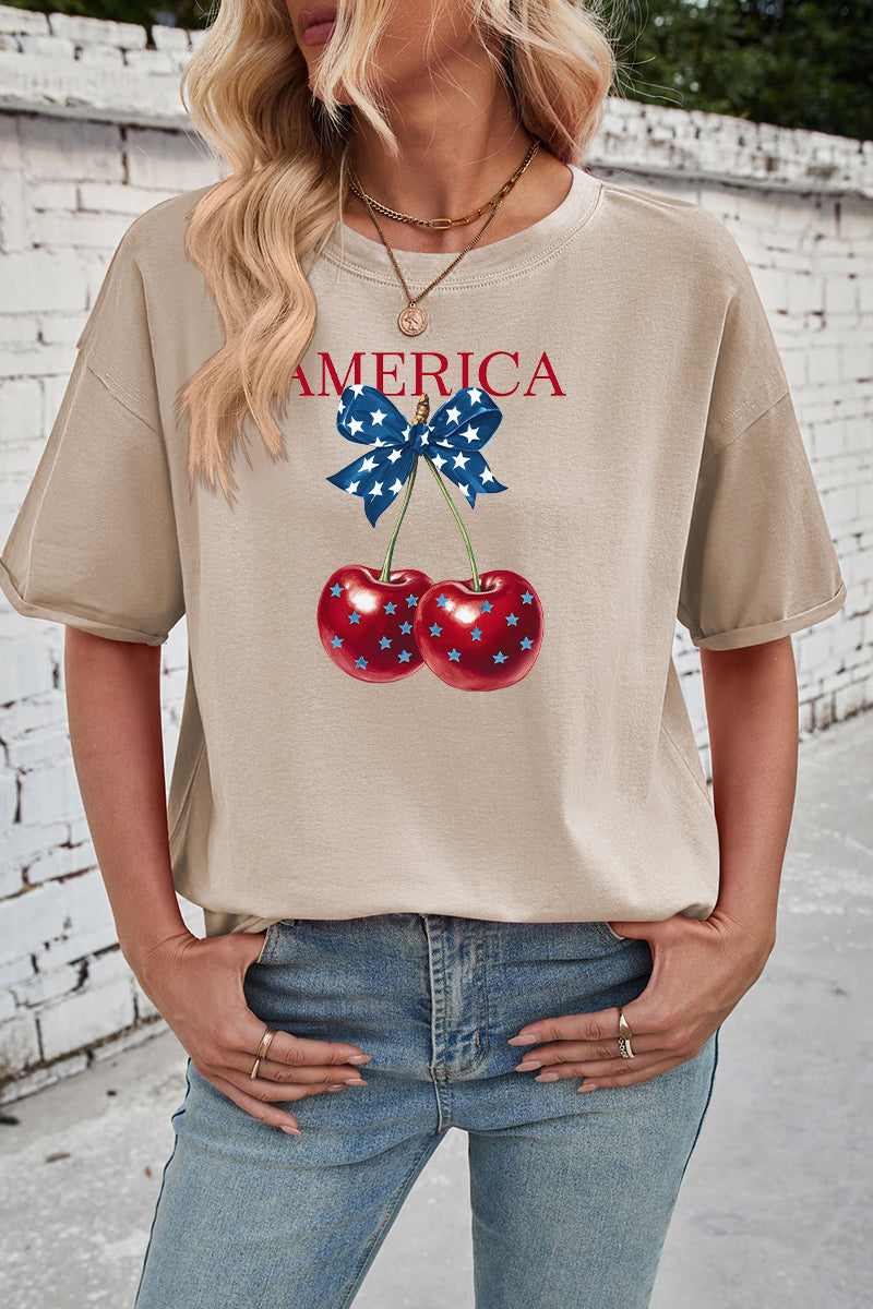 Patriotic Cherry Print Rayon Tee Oversized Casual Top