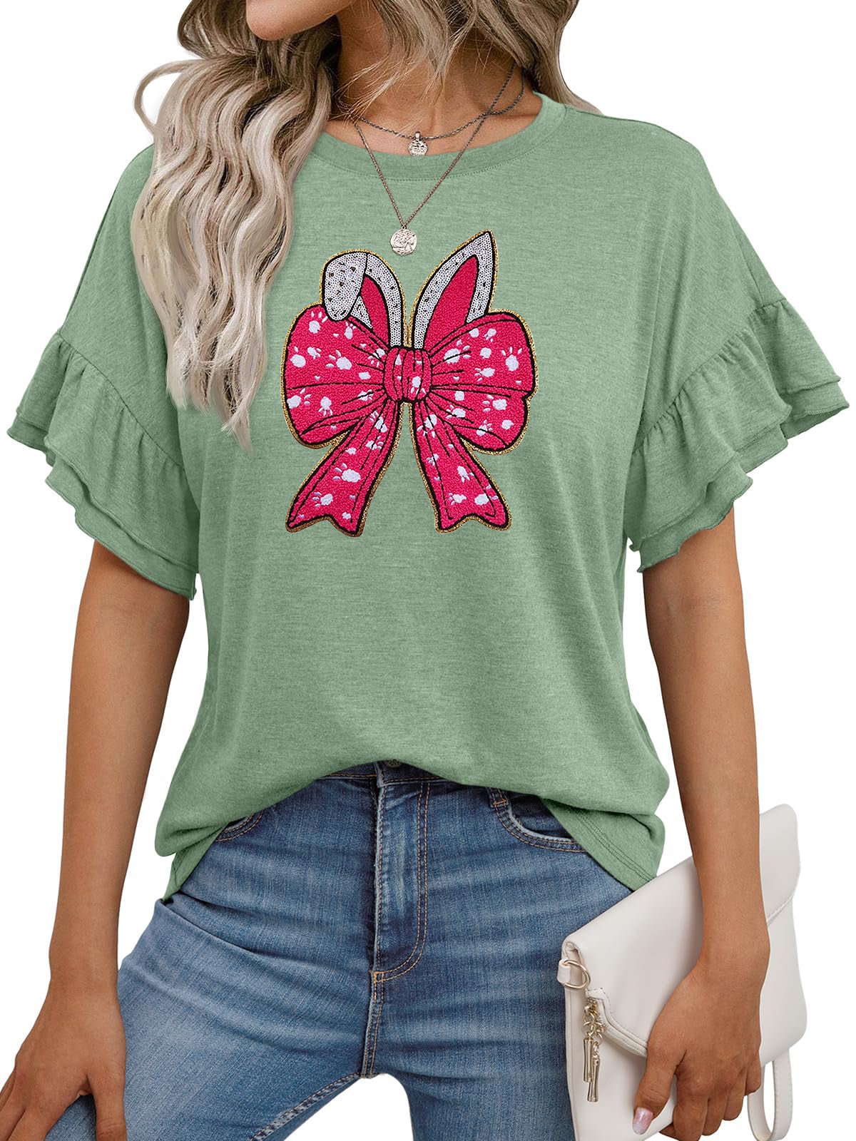 Easter Bunny Bow Graphic Ruffle Sleeve T Shirt