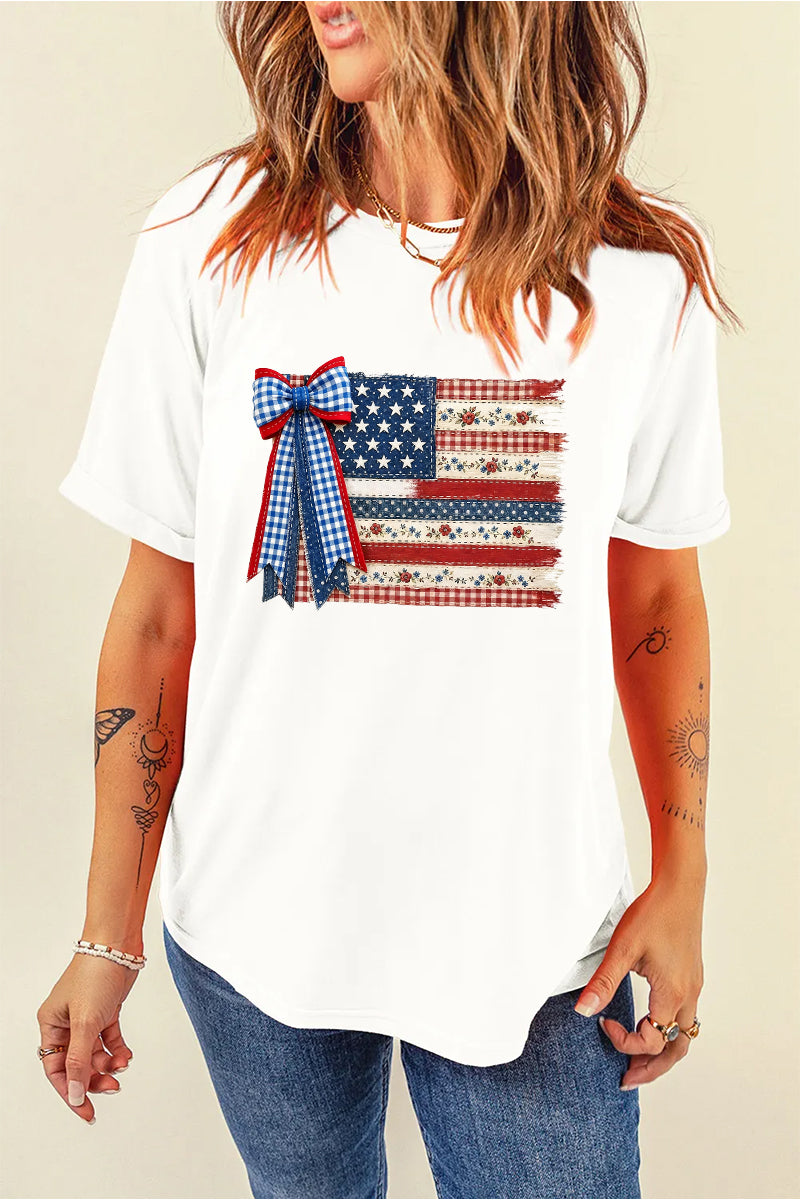 USA Flag Bow Graphic Tee Women Patriotic 4th of July Top