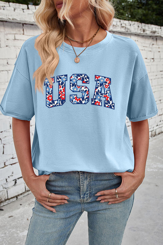 Floral Cotton Graphic Tee Patriotic USA Oversized Top