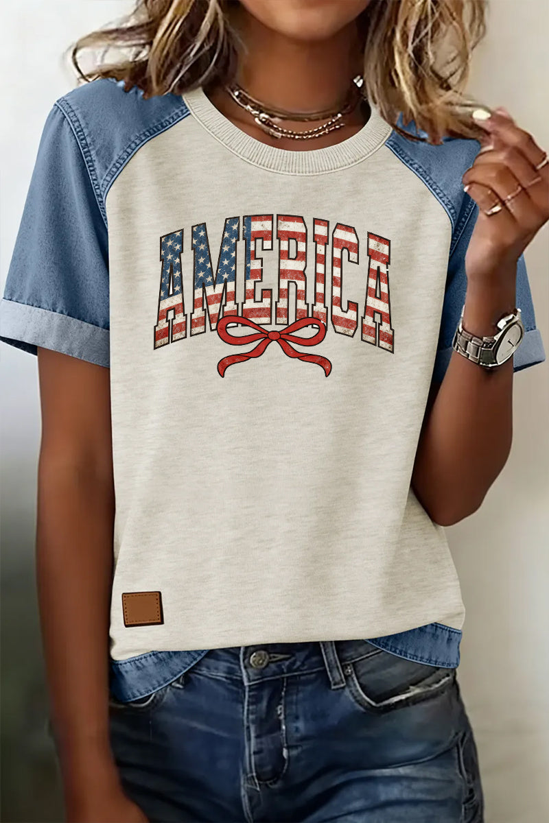 Patriotic Graphic Tee Denim Patchwork America Bow Top