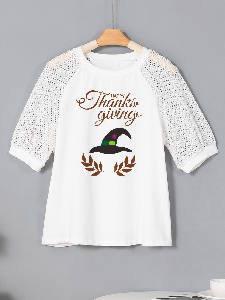 Thanksgiving Happy Holiday Graphic Crochet Sleeve T Shirt