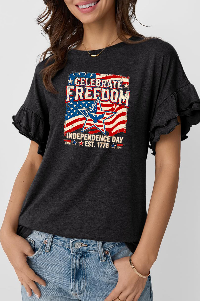 Freedom Cotton Tee Patriotic Graphic Ruffle Sleeve Top