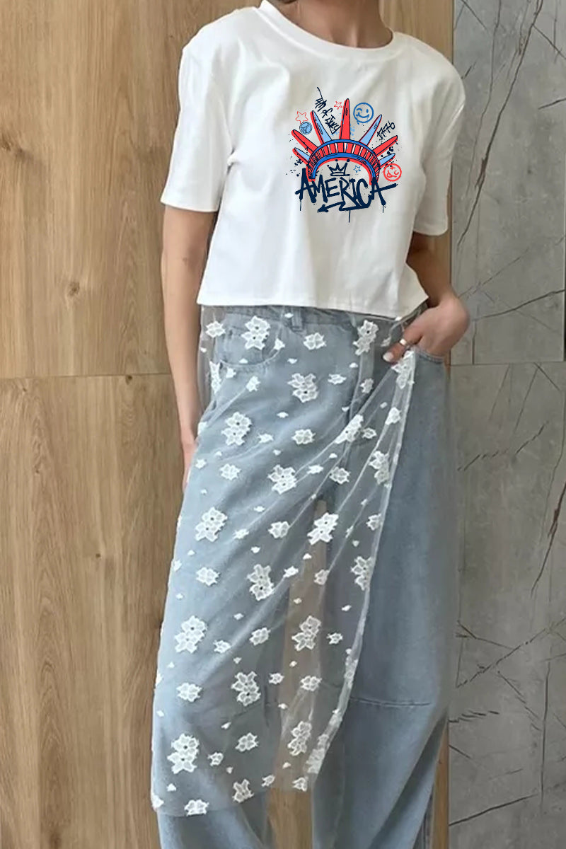 Patriotic Graphic Cotton Tee Lace Patchwork Top