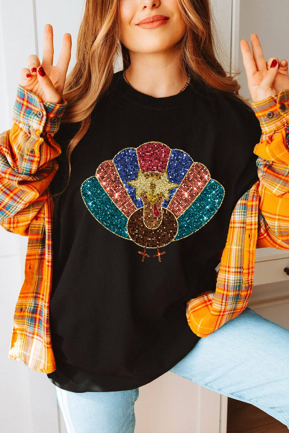 Black Glitter Turkey Heat Transfer Printing Thanksgiving T Shirt